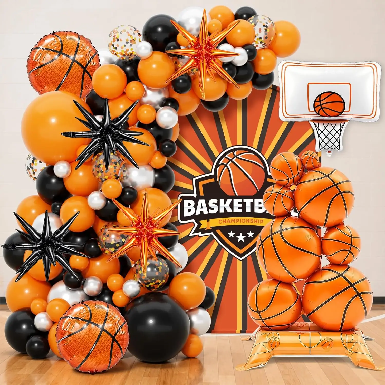 Basketball Party Decorations - 110 Pcs Basketball Balloon Garland Arch with 3.5 ft Giant Self Standing Basket-ball Foil Balloon, Orange Black Balloons for Boy Sports Theme Birthday Celebration