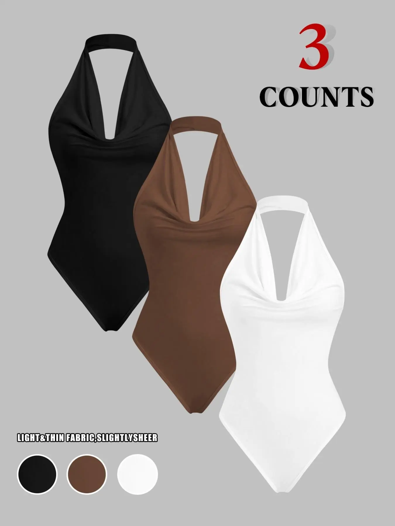 Viral 3 Pack Solid Halter Cowl Neck Deep V Bodysuits I Slim Fit Sleeveless Slighty Sheer Going Out Chic Shapewear Essential Tops Hot Girl Essential Cowl Neck Halter Bodysuit Basic 3 Count
