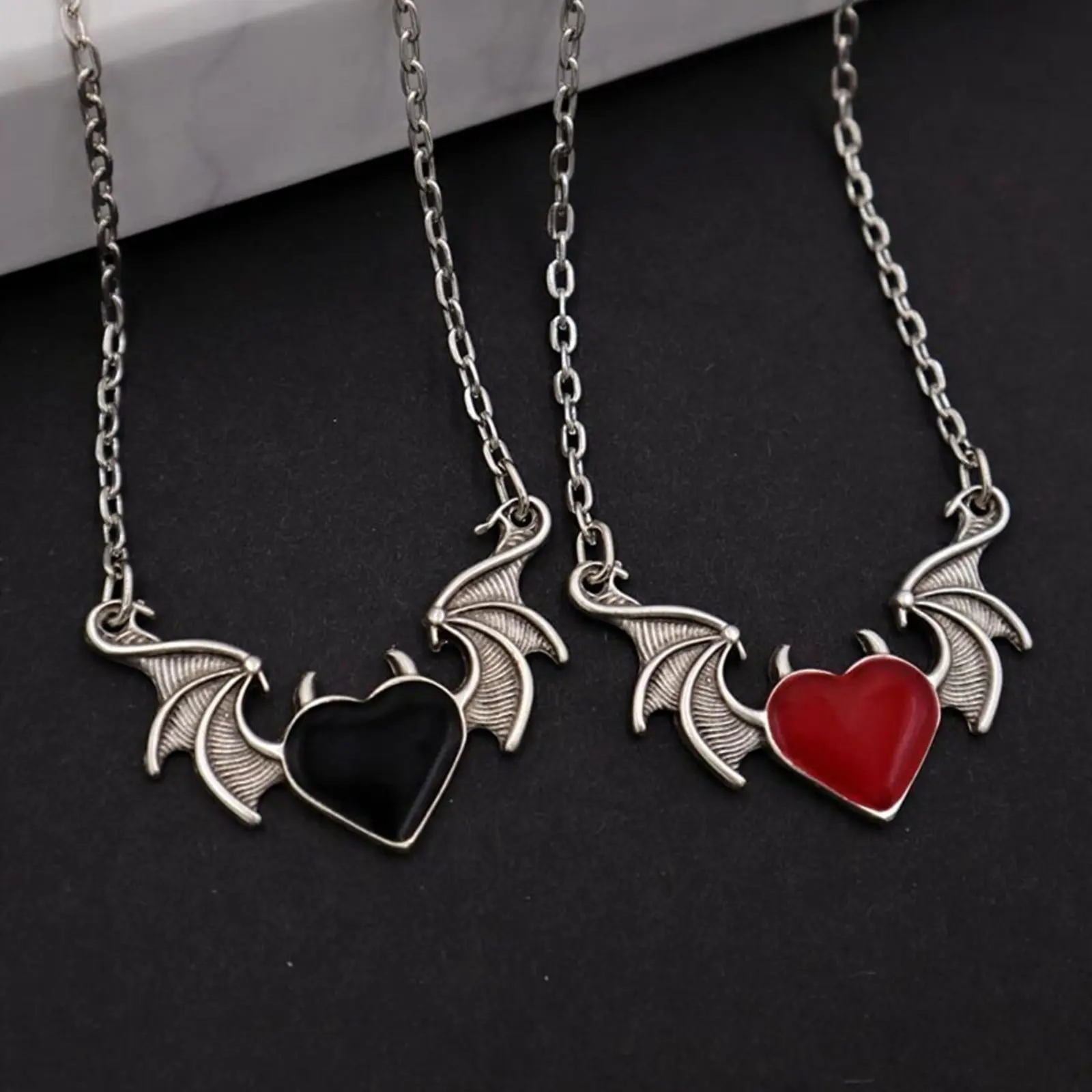 Gothic Demon Bat Wing Heart Pendant Necklace, Black Onyx Devil Heart Silver Neck Chain, Vintage Dark Punk Y2K Jewelry for Women Halloween Alt Streetwear