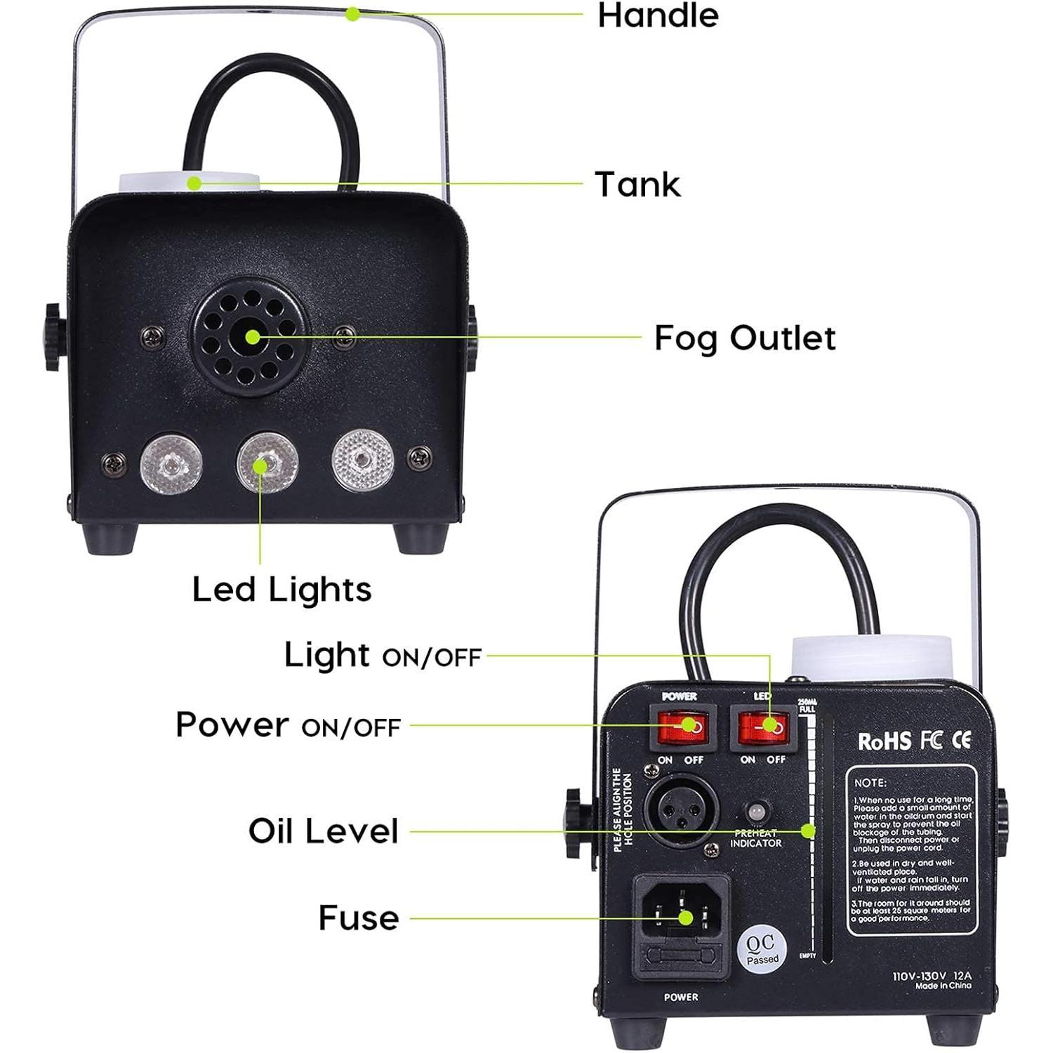 Fog Machine   Machine Controllable LED Light 500W and 2000CFM Fog  with  and Wired Remote Control for Weddings, Halloween,Parties or ,with Fuse Protection