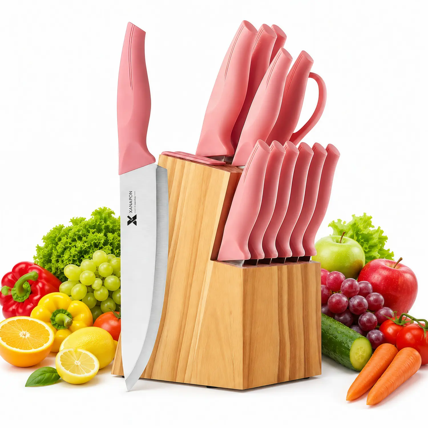 14-Piece Self-Sharpening Stainless Steel Kitchen Knife Set with Block - Home Kitchenware, ABS Anti-Slip Ergonomic Handle, Dishwasher Safe, Pastel Pink Slicer for Cutting Tasks, Built-In Sharpener, Storage Solution