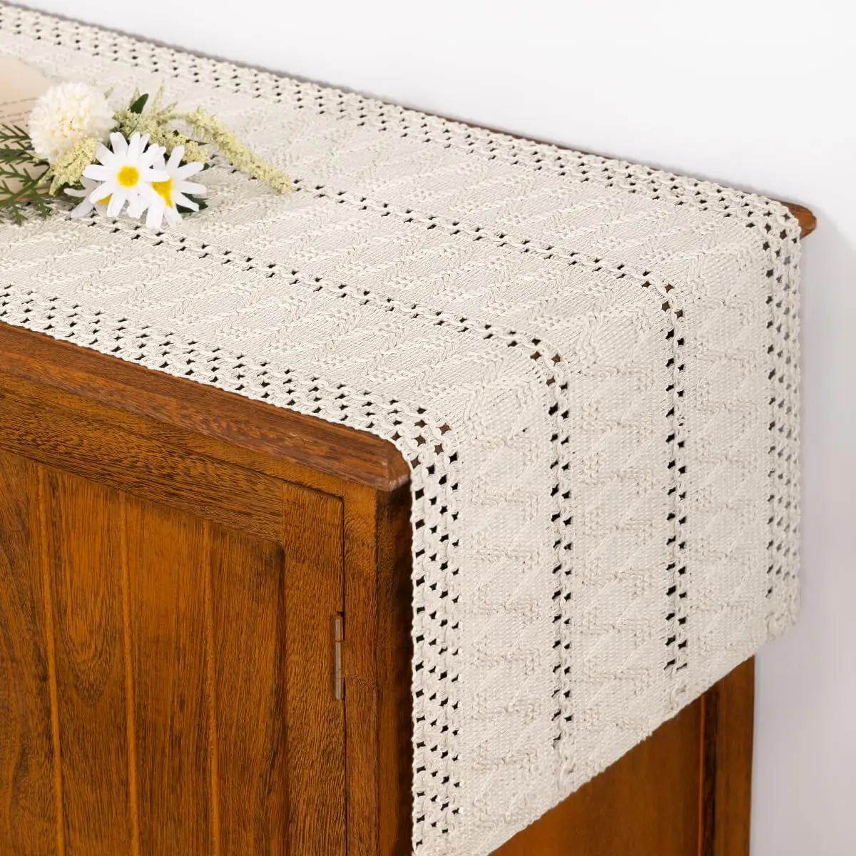 Boho Table Runner Summer Farmhouse Rustic Macrame Seasonal Long Woven Cotton Linen Small Coffee Dining Kitchen Table Runner for Dresser Scarf Holiday Home Decor 36in Beige