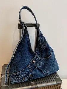 Vintage Denim Tote Bag, Large Capacity Adjustable Shoulder Casual Crossbody Bag, Retro Distressed Denim Travel Bag, Women's Commute Shopping Trip Leisure Handbag