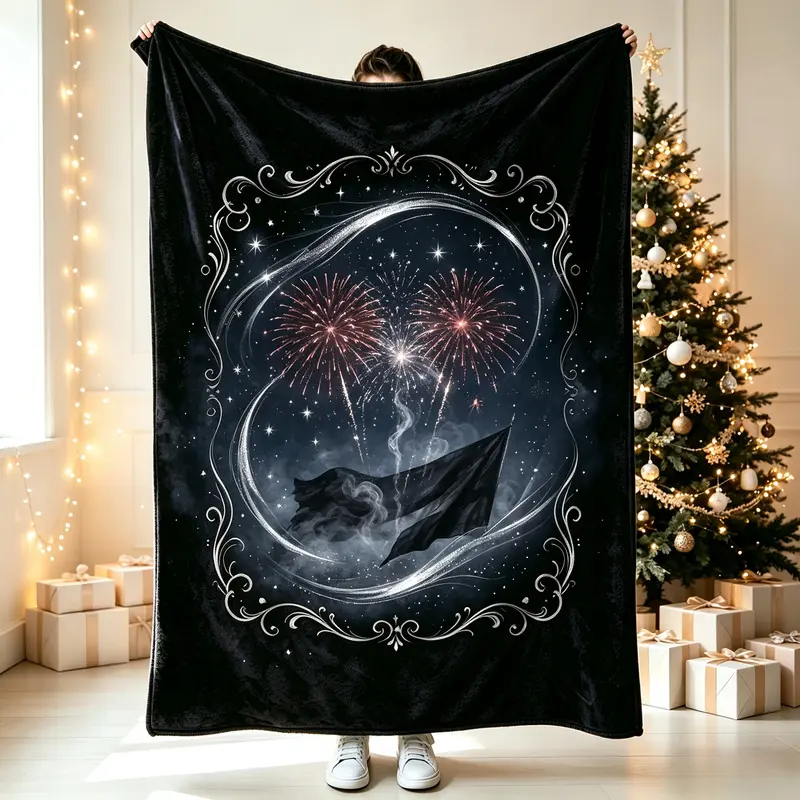 Night Sky Fireworks Black Flag Vintage Carved Border Black Flannel Throw Blanket Soft Home Nap Blanket Living Room Sofa Decorative Plush Shawl Blanket