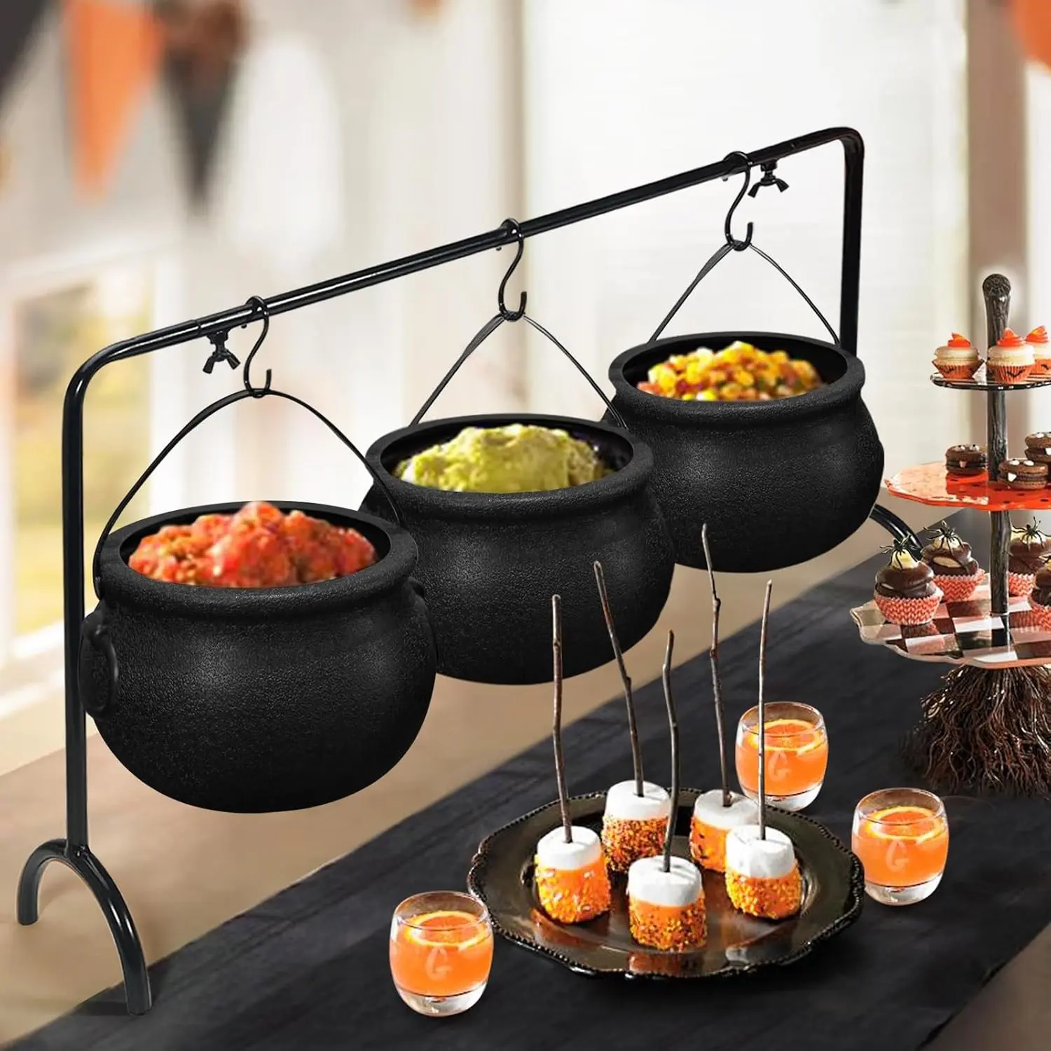 ORIENTAL CHERRY Halloween Indoor Decorations, Set of 3 Witches Cauldron Serving Bowls with Rack, Black Plastic Candy Bowl for Halloween Party Home Kitchen Decor