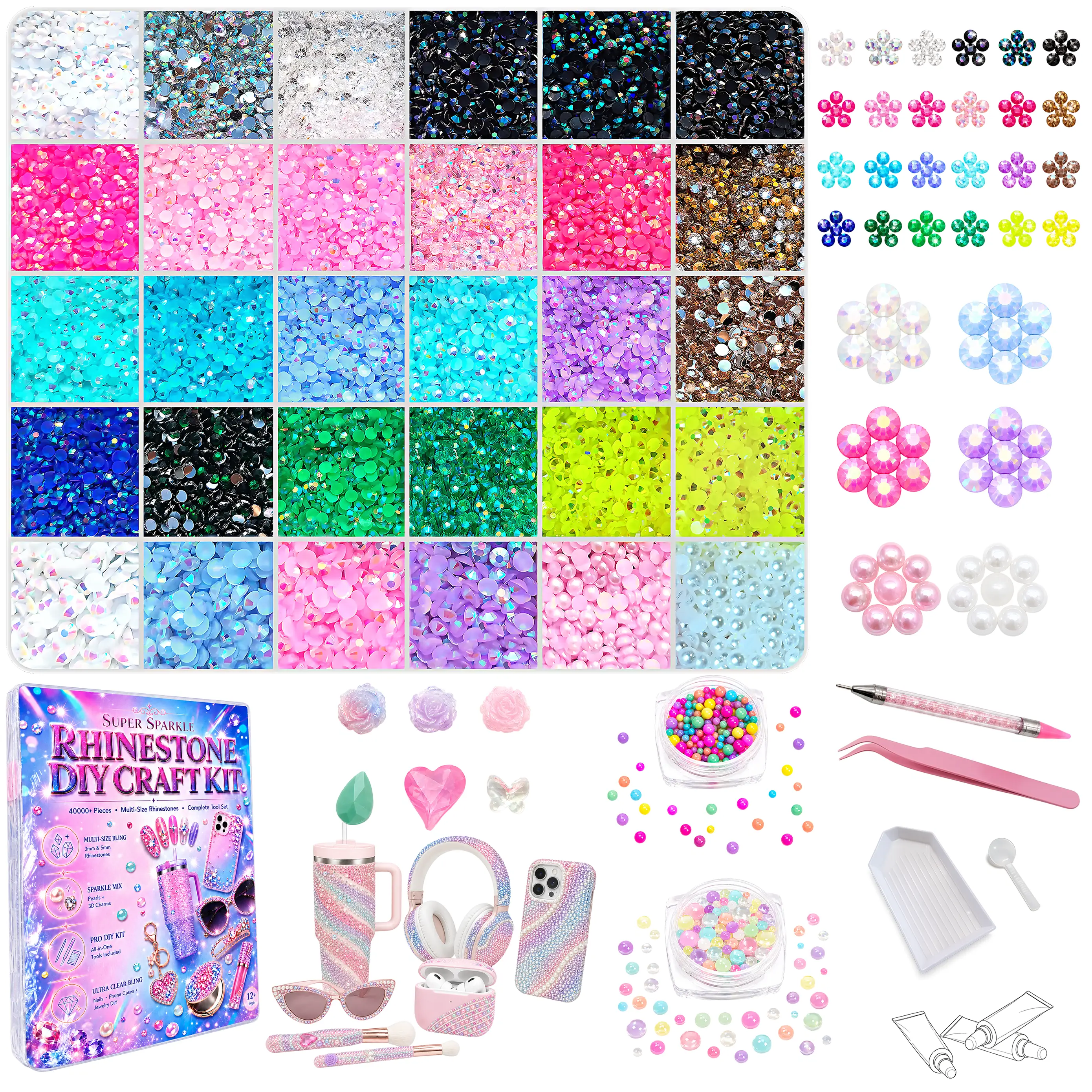 Ultimate Bling Rhinestone Bedazzling Kit, 3mm & 5mm Multi-Color Jelly Rhinestones, Half Pearls, 3D Bubble Gems, Macaron Gems & Decorative Charms, Dual-Ended Pickup Pen& Complete Tool Set for Phone Cases, Shoes, Nail Art & DIY Crafts, Gift for Craft Lovers
