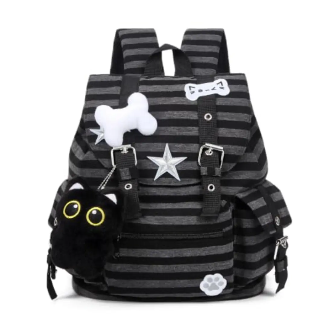 Women's Y2K Striped Cute Kawaii Coquette Backpack - Stylish Daypack, Lightweight Laptop-Fit Bag with Cat Charm for School, Travel