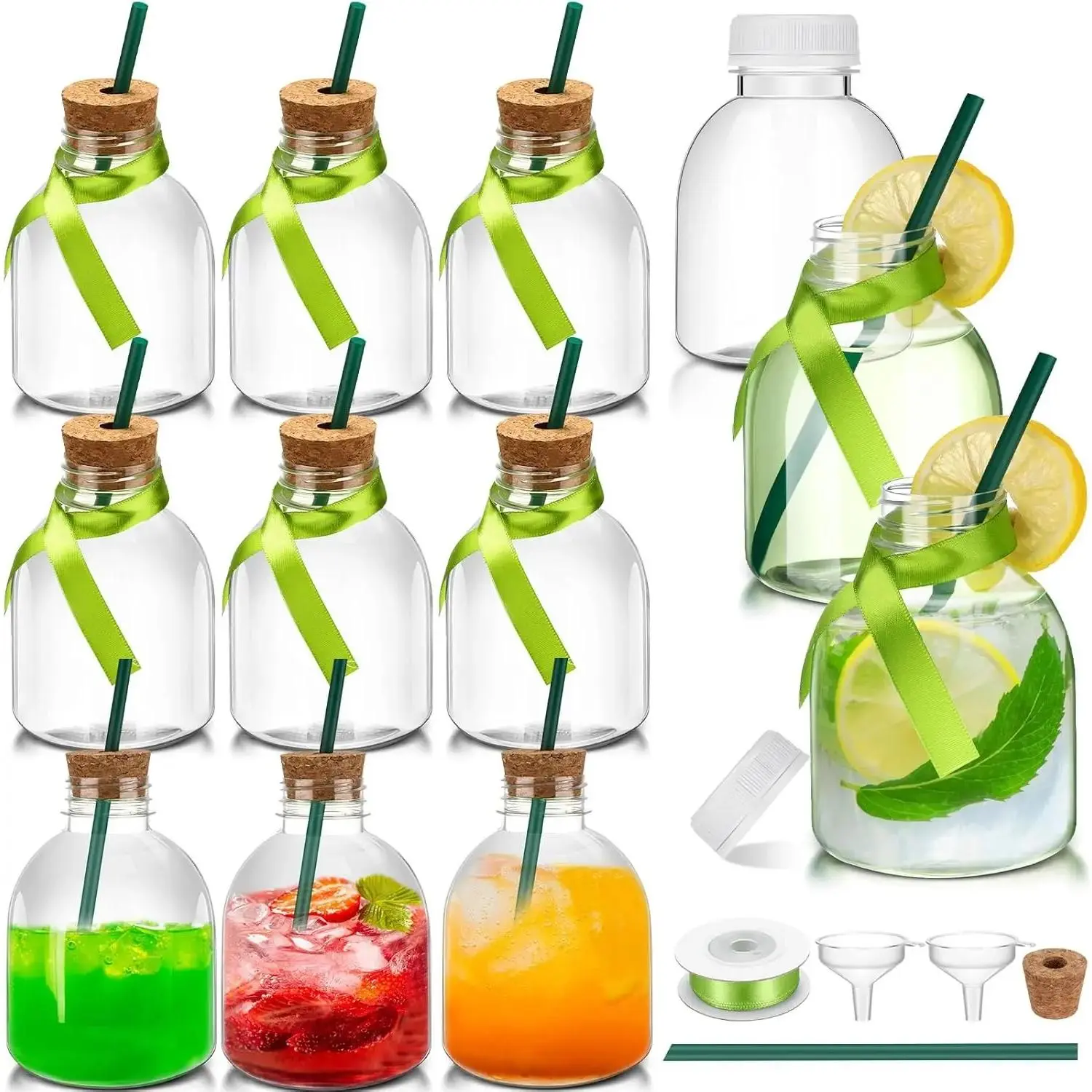 12 count 10 oz Plastic Patron Bottles with Cork and Straw Empty Juice Bottles for Drinks  Mini  Jar with Green Silky Ribbon for Wedding Party Personalized Decoration(Green)