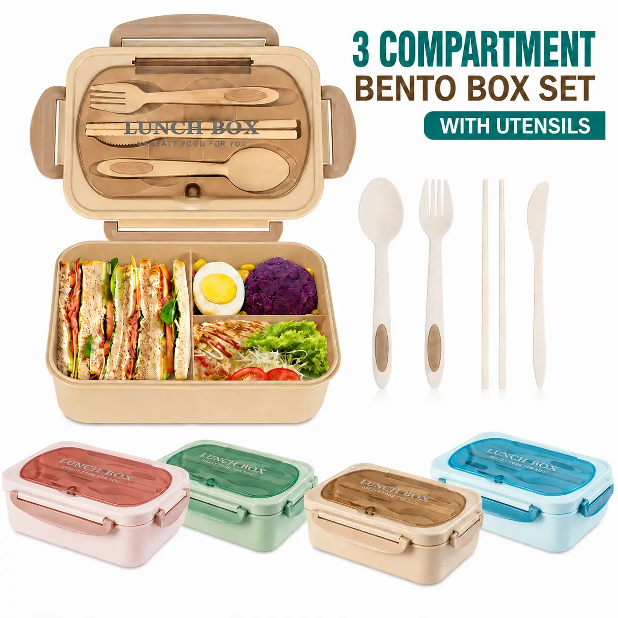MIUVA 3-Compartment Bento Box for Adults with Utensils, Tableware, Rectangular Thermal Lunch Box Set, Microwave & Dishwasher Friendly Meal Prep Container for School & Work