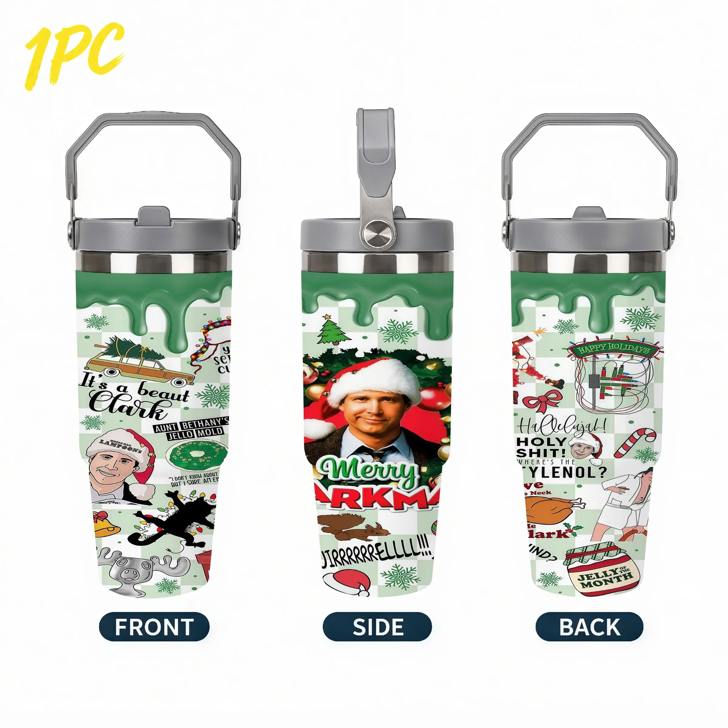 1pc 30oz 900ml 304 Stainless Steel Tumbler, National Lampoon's Christmas Vacation Full Wrap Print, Christmas Movie Tumbler With Carry Handle Flip Lid