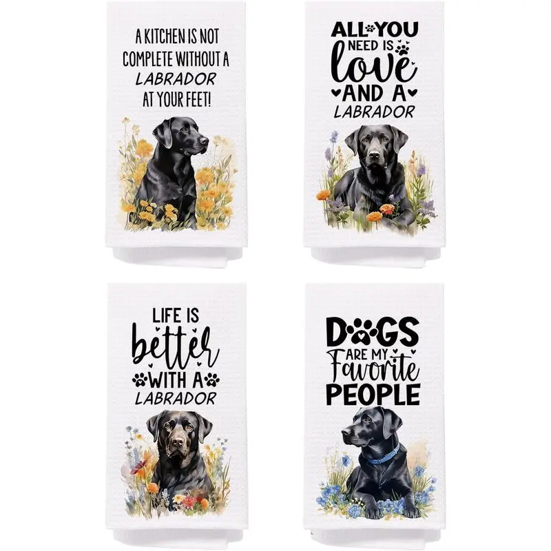 Black Labrador Retriever Dog Kitchen Towels Set of 4, Labrador Retriever Gifts for Women,Labrador Decor Tea Dish Towels for Kitchen,Labrador Decorative Hand Towels for Bathroom, 16x24 Inches