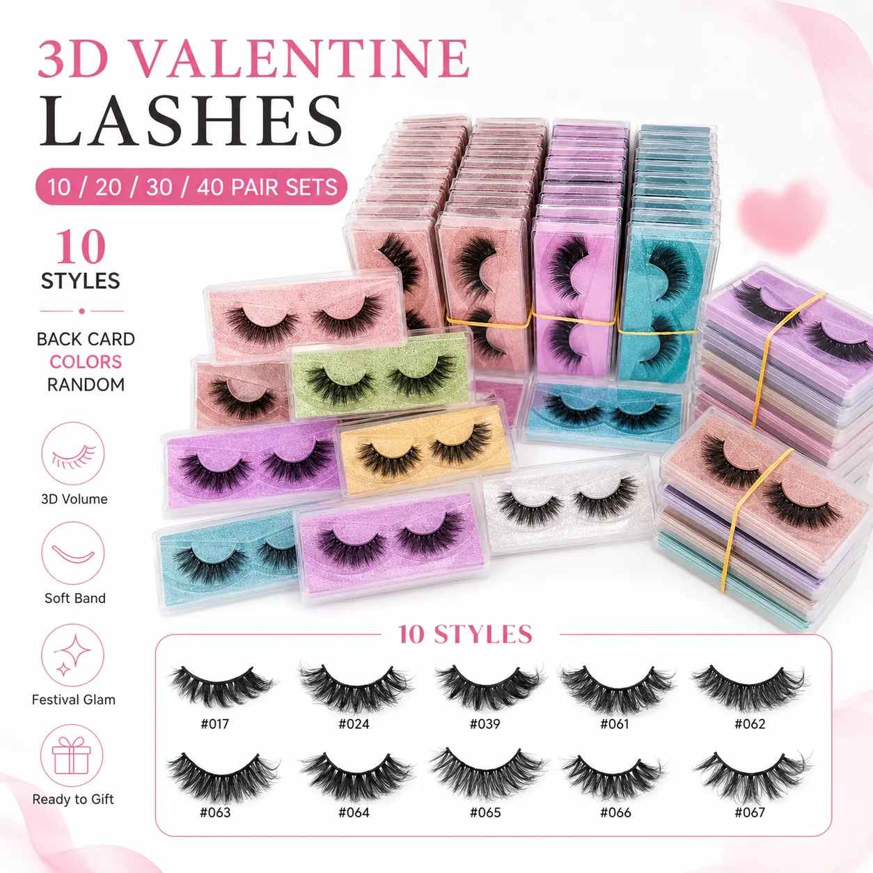 3D Style Valentine's Day False Eyelashes 10 20 30 40 Pairs Lengths 0.39 to 0.79 Inches mm for Festive Makeup（Back card color is random）