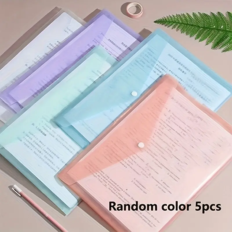 5 A4 Transparent Button Document File Bags, Modern PP Plastic Storage Pouches, Series, Ideal for School, Office, Home Organization, Document Organizer Sleeve, Files Organizer