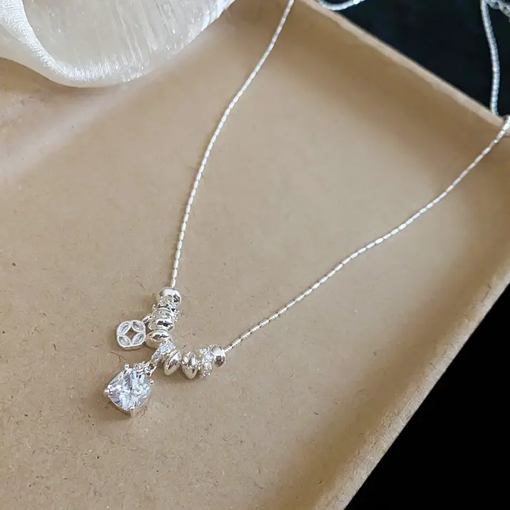 DOUX Silver-Tone Square-Cut Crystal Pendant Necklace for Women – Delicate Beaded Charm Jewelry