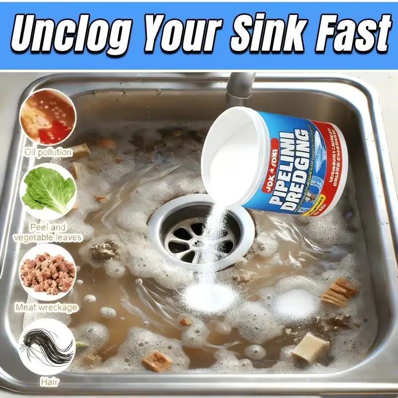 Powerful Pipe Unblocker Powder, Powerful Drain Cleaner, Clog Remover, Quickly Dissolves Hair and Grease, Effective for Toilet, Bathroom, Sink, Kitchen Drains, Deodorizing, Jokjok Brand