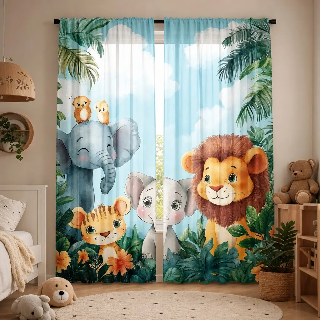 2 Piece Large Animal Semi-Transparent Curtains, Cartoon Jungle Print, Elephant Lion Tiger, Bedroom Living Room Kitchen Office Decor
