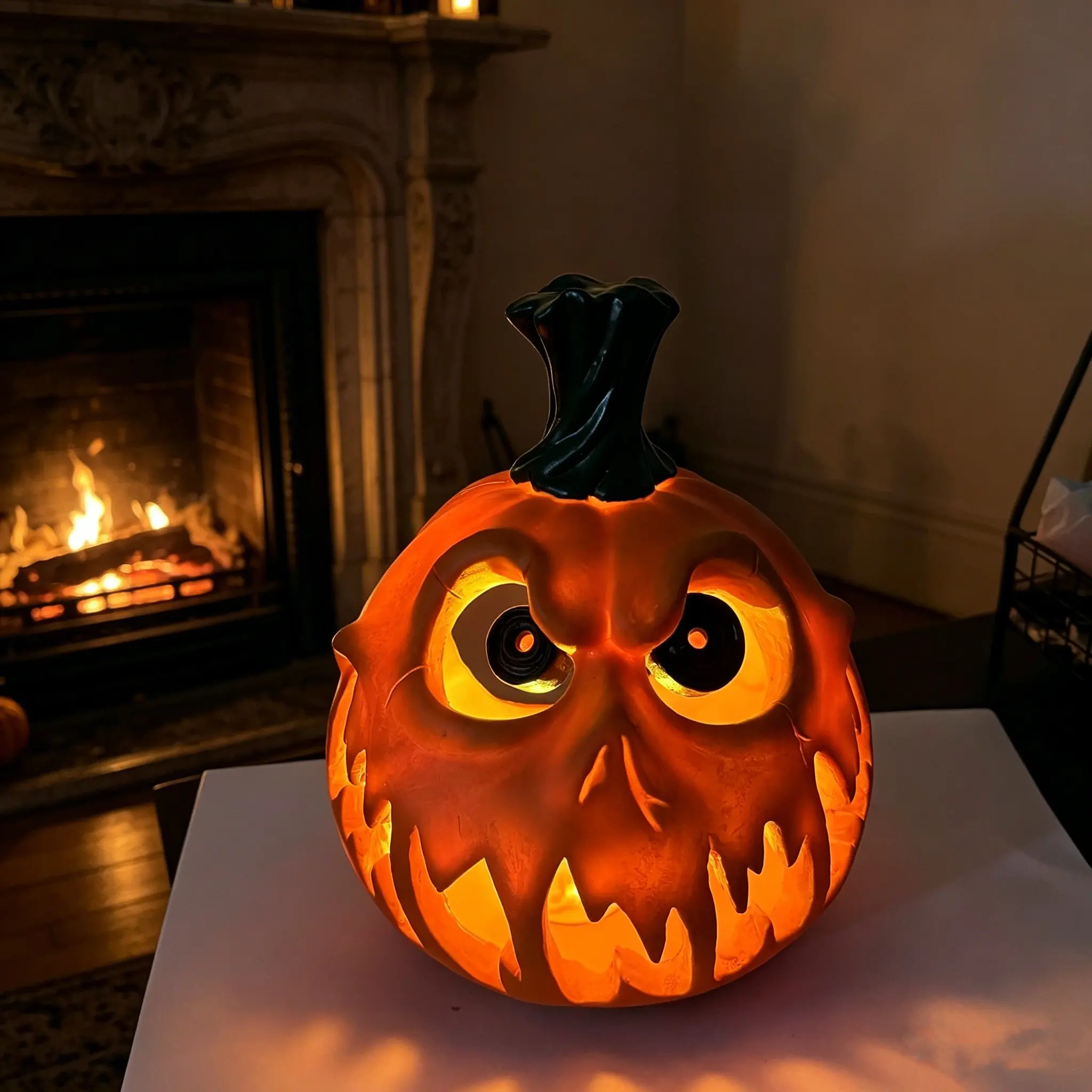 Giant Halloween Pumpkin Resin Decoration, Spooky Glowing Eyes and Sharp Teeth, Hollow Design for Indoor/outdoor Use, Gothic Home Decor