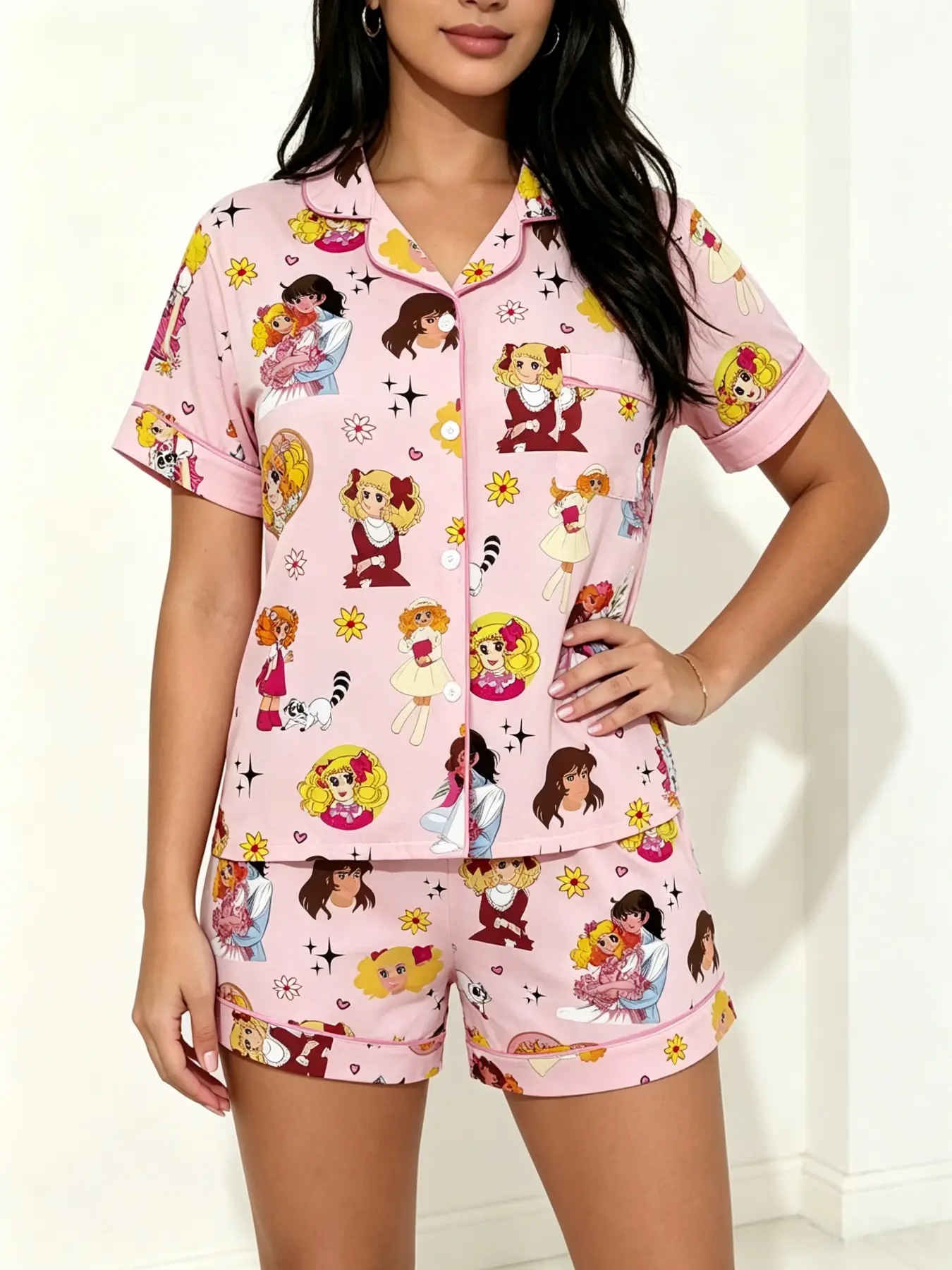 Adorable Blonde Cartoon Print Short Sleeve Pajama Set, Vintage Anime Character Collar Top + Pocketless Shorts, Sweet Home Wear Loungewear