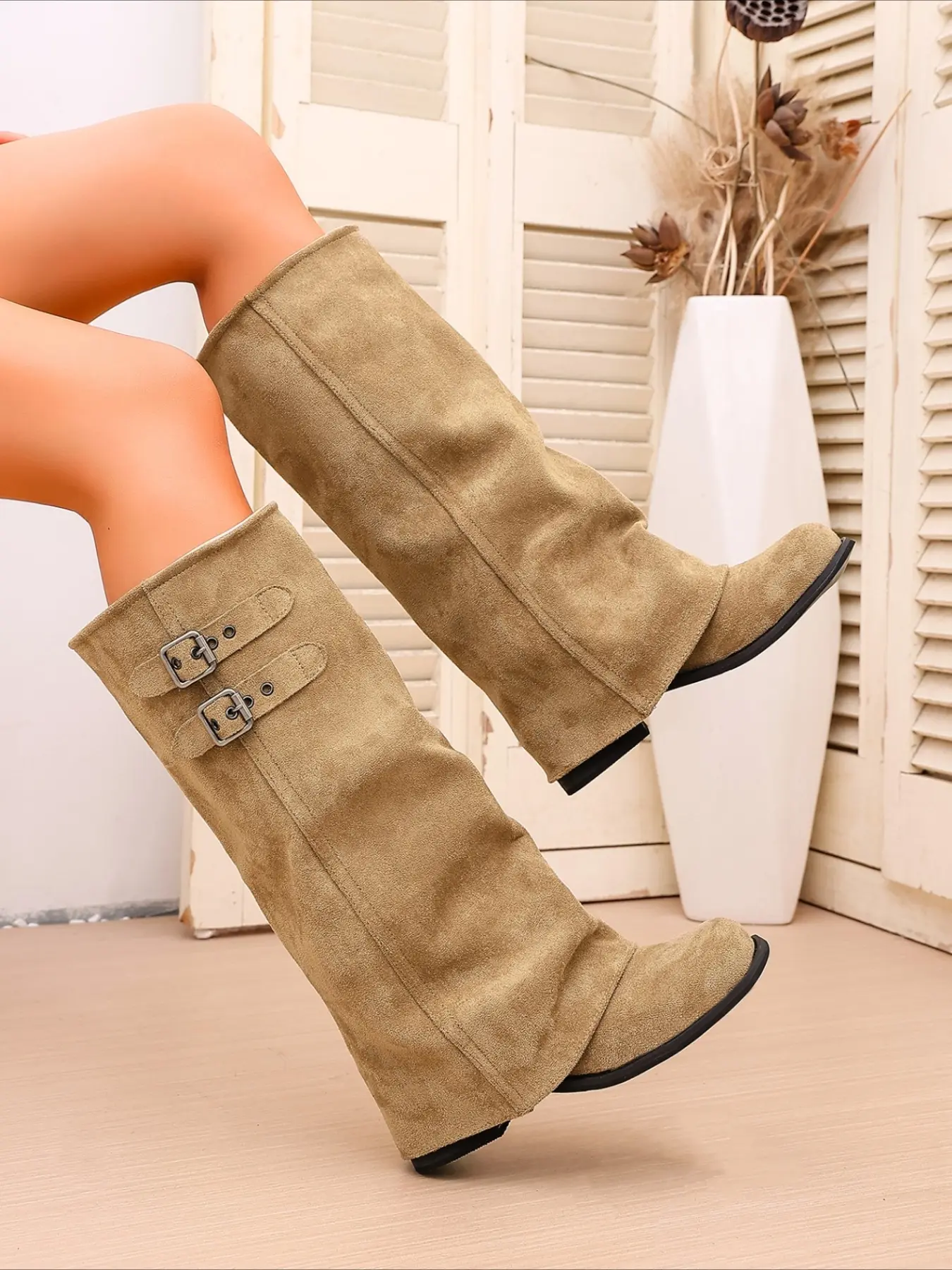 Slouch mid-calf boots with multi buckles, pointed toe & slanted heel, soft leather, loose shaft. Retro cool style matching street outfits. Slouchy Boots Heels Boots