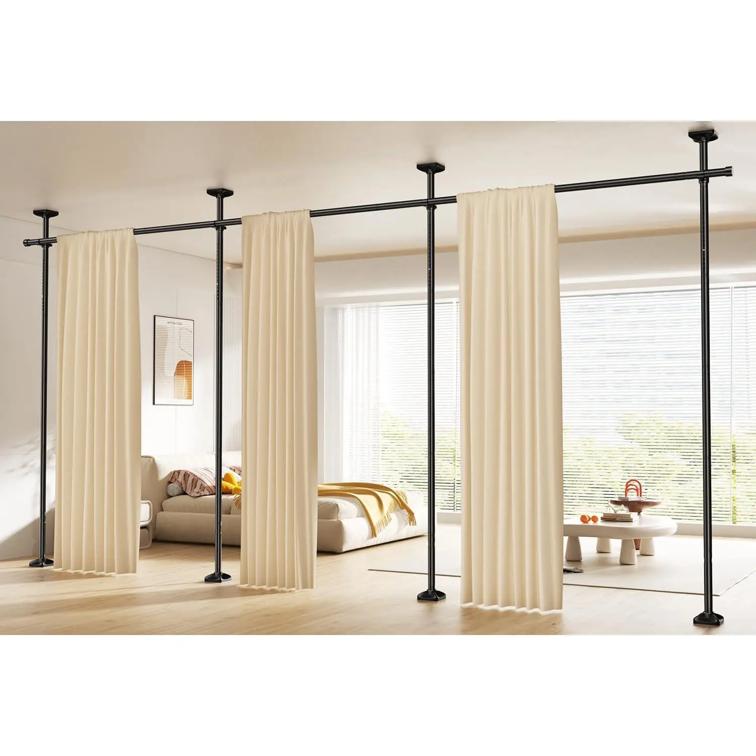 Room Divider Rod 4-10ft(H)28-171in(W) Room Separator, Black| No Drilling Wall Divider for Room Separation, Partition Separator to Ceiling Tension Stand