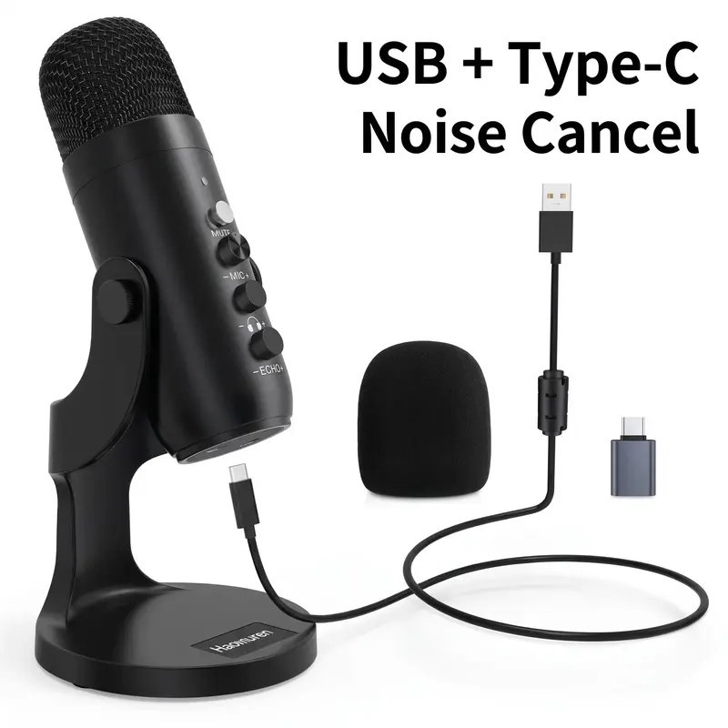 HAOMUREN USB Powered Microphone with Type-C Adapter & USB Cable, Condenser Microphone with Noise Cancelling & Echo Function, Microphone for Live Streaming, Live Streaming Equipment, Noise Reduction Mic, Wired Mic, Computer Mic