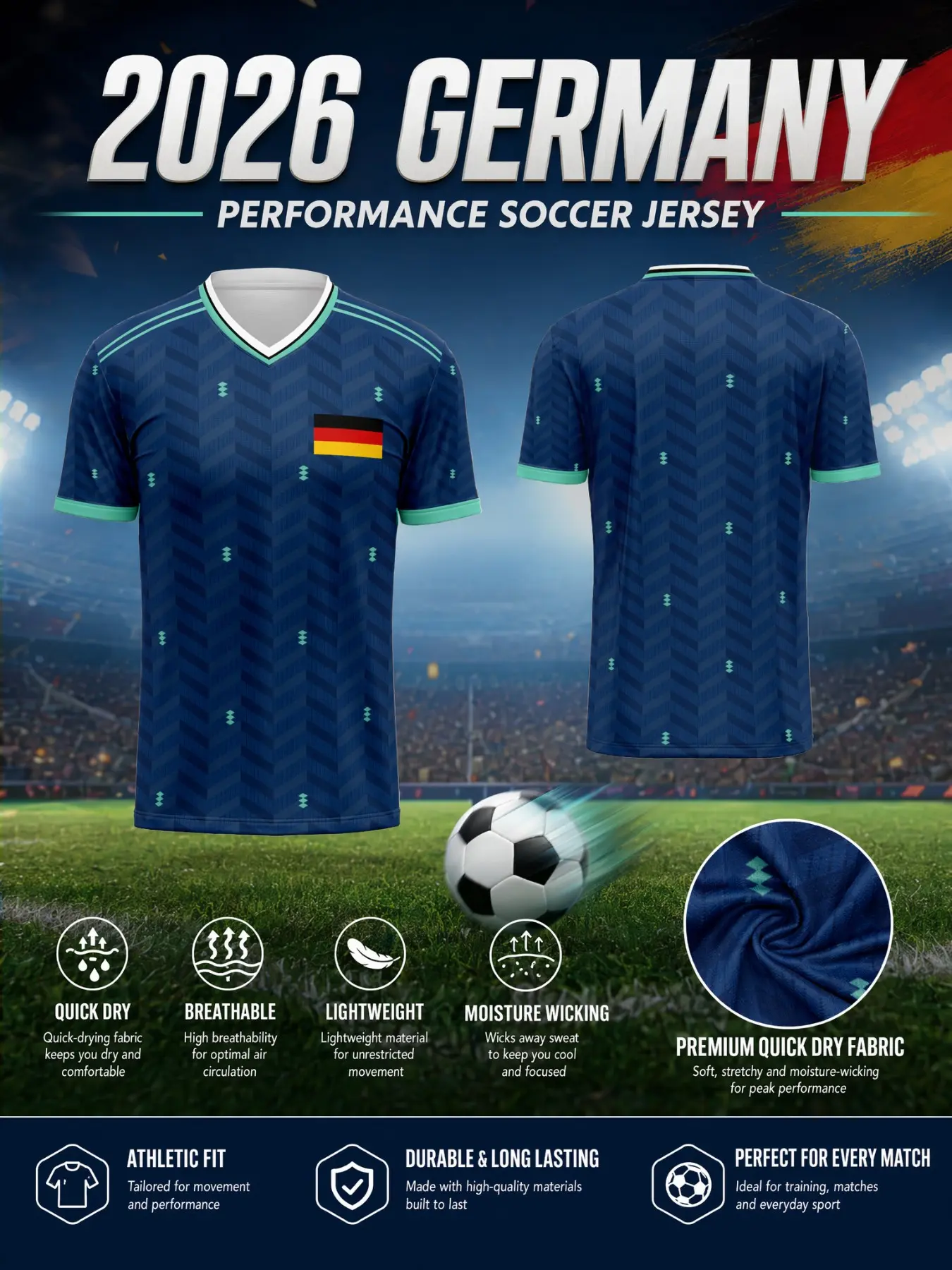 2026 German Navy Chevron Football Jersey, Quick-Dry Breathable Mesh Shirt, Ideal for Professional Matches, Training, Gym, Running