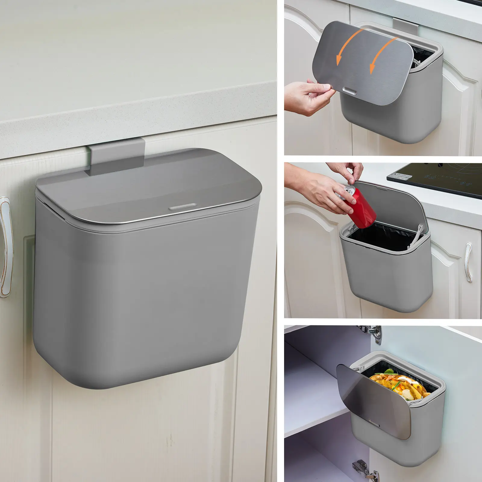 Odor-Proof Hanging Compost Bin with Stainless Steel Lid - Space-Saving Kitchen Bin with Removable Inner Bucket, Easy Slide-Mount Installation & Quick Cleaning - For Cabinet Door, Countertop, Food Waste, Gray - Stainless Steel Lid