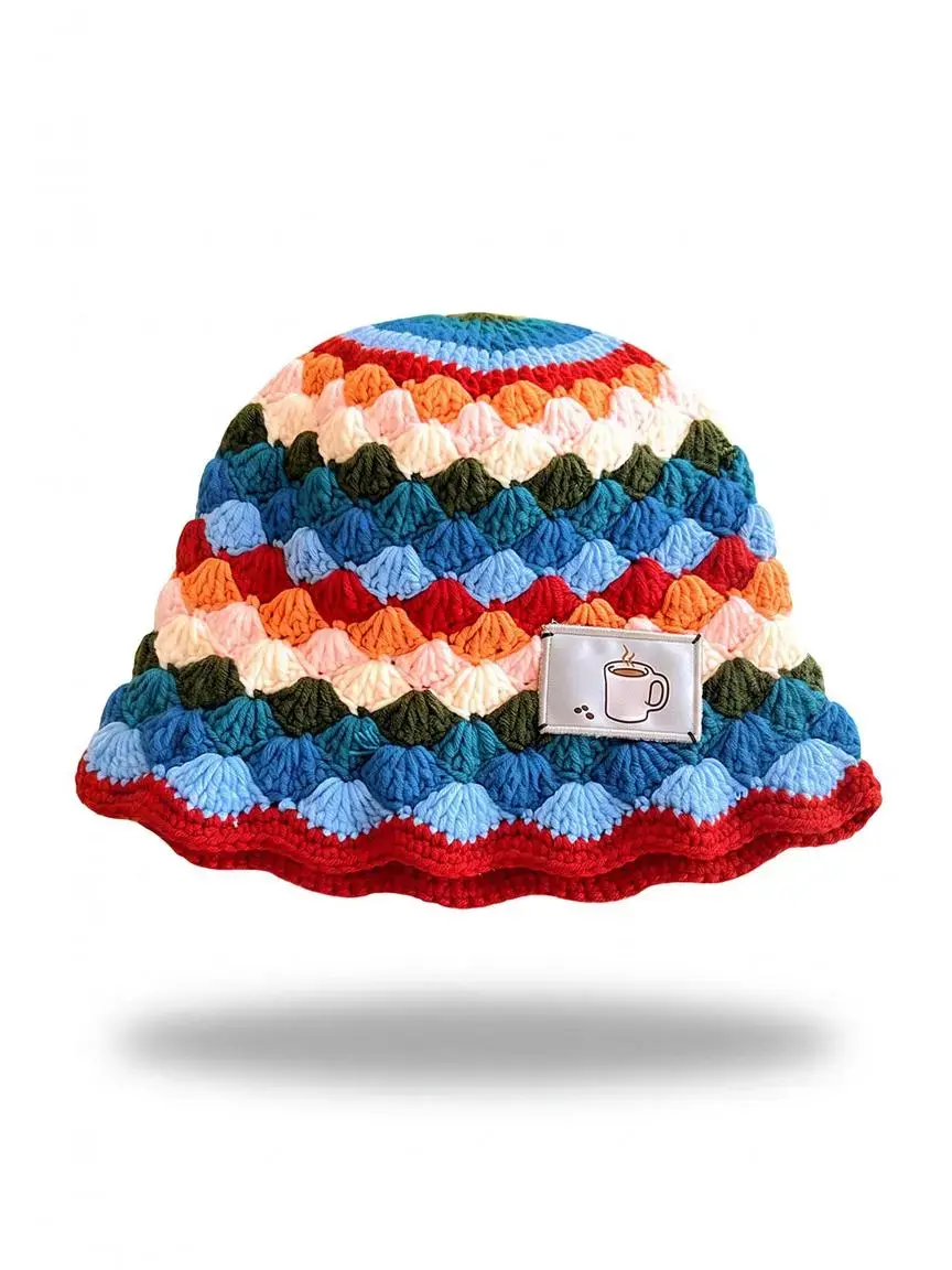 Women's Colorful Knit Beanie Hat - Handmade Crochet Cap with Dopamine Rainbow Rhombus Design, Stretchable Cotton, Lightweight, Machine Washable