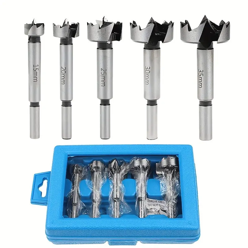 5-Piece High Carbon Steel Flat Wing Drill Set, Wood Board Hinge Mortise Driller, Hole Sizes 15/20/25/30/35mm, Ideal for Woodworking, Wood Drill Bit Set