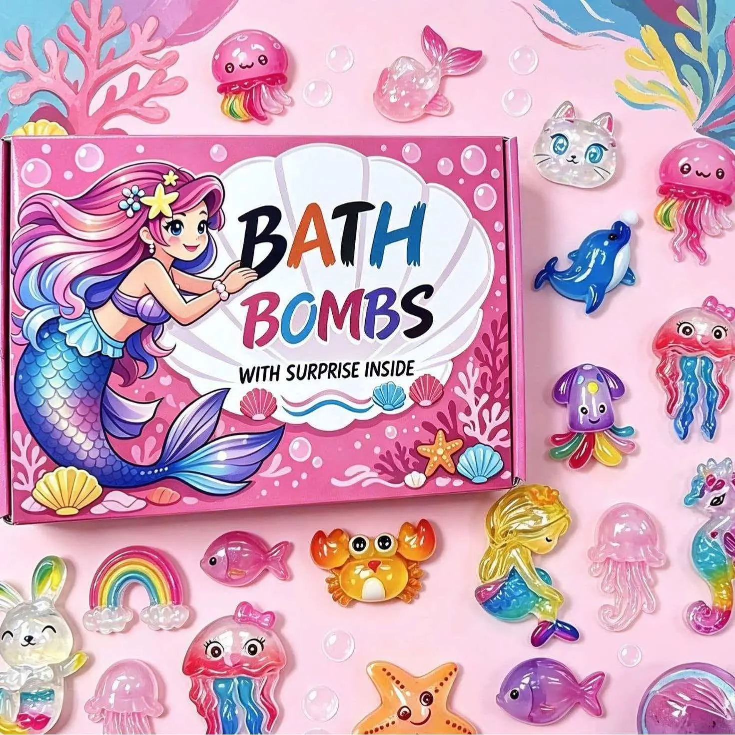 Ocean Mermaid Kids Bath Bombs Set of 12, Essential Oil Moisturizing Bath Balls, Includes Surprise Toys, Fun Bubble Bath Salt Tablets