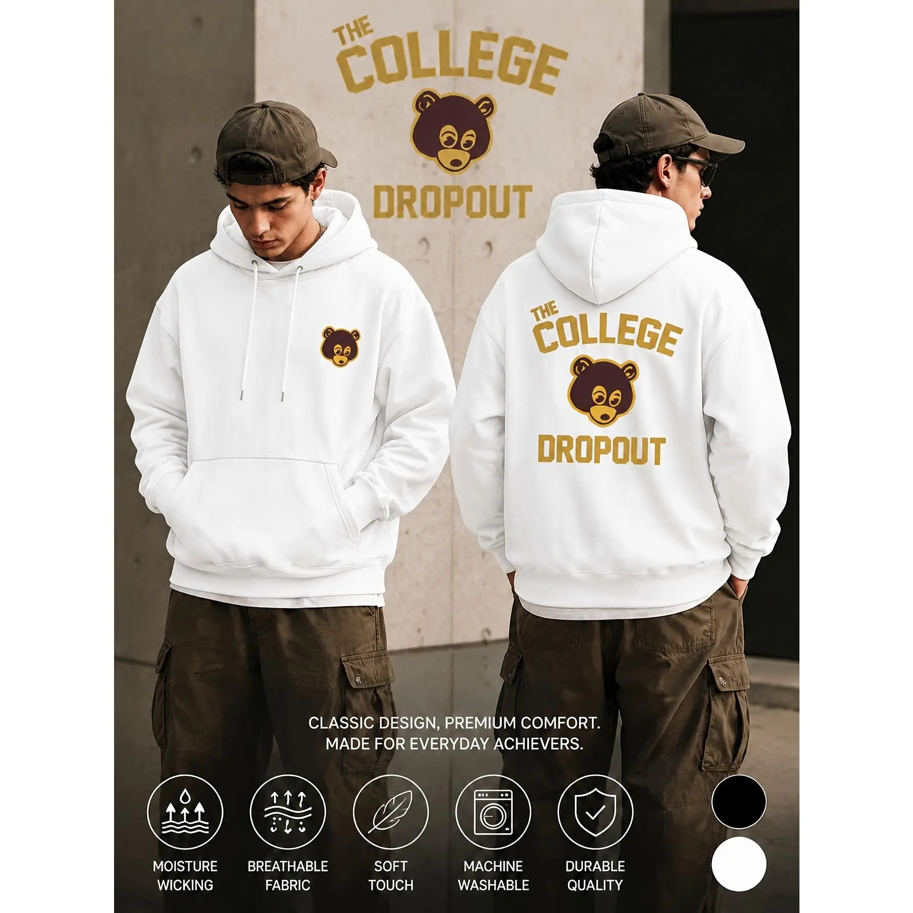 Men's Hooded Sweatshirt with College Dropout-Inspired Bear Design, Breathable Fabric, High-Quality Comfortable Durable Material, Black, Easy Care, Machine Washable, Casual Everyday Wear