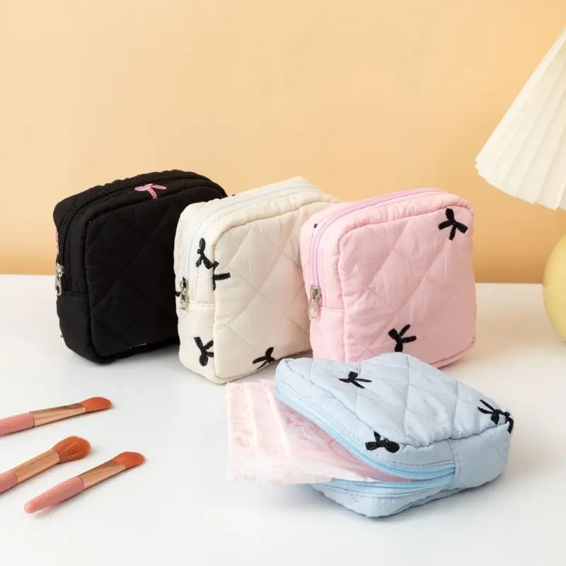 Portable Sanitary Pouch, Beauty Storage Pouch - Minimalist Pad Holder with Bow Design, Multi-Compartment Organizer for Coins & Lipsticks, Checkered Pattern, Multiple Colors, Travel-Friendly Cosmetic Bag, Makeup Organizer Pouch, Makeup Bags