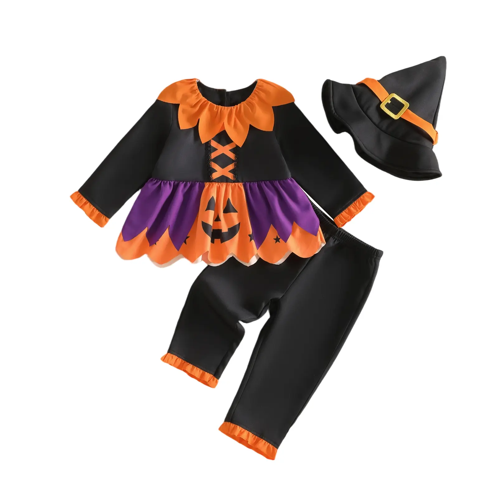 Toddler Baby Little Girls Halloween Costume Long Sleeve Pumpkin Print Tops with Pants Hat 3Pcs Outfit 6M-4T