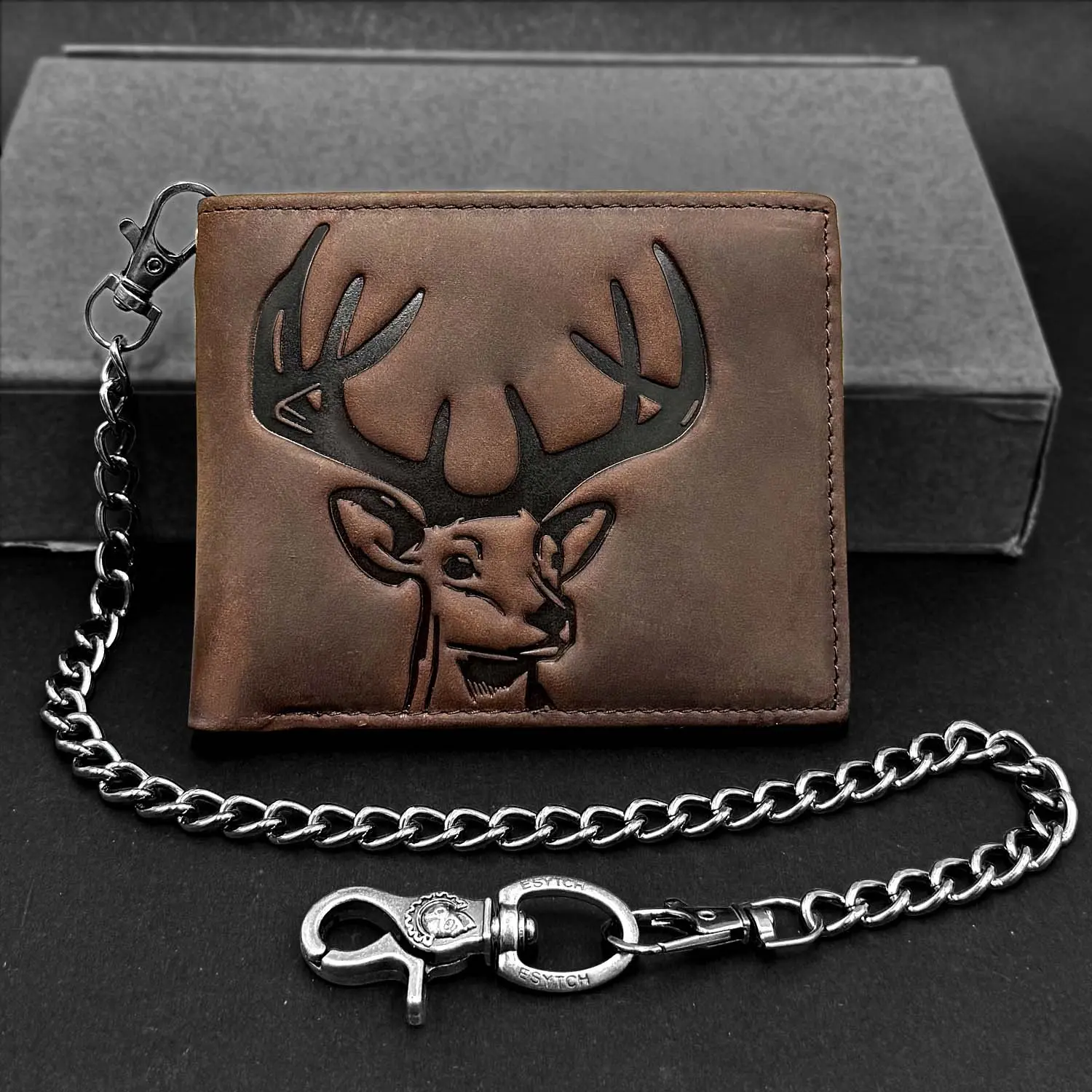 Men Genuine Cowhide Leather Bifold Wallet Slim Hunting Deer Print Card Holder