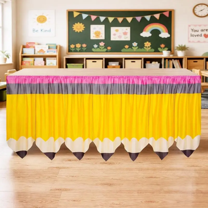 Back to School Table Skirt - Pencil-Shaped Polyester Tablecloth for Classroom Decor, Teacher Desk Privacy & Kids' School Activity | Anti-Wrinkle, Easy-Care