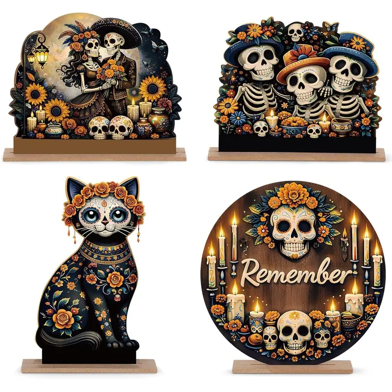 4-piece Day of the Dead table decoration set, featuring a wooden altar centerpiece with sugar skull (calavera) and floral designs, perfect for home Halloween, Mexican Carnival, and celebration parties.
