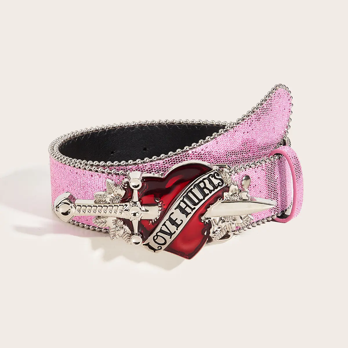 Sparkly Pink Glitter Wide PU Waist Belt, Y2K Alt Streetwear Letter Decor Belt, Women Grunge Aesthetic Adjustable Strap for Jeans & Party Outfits