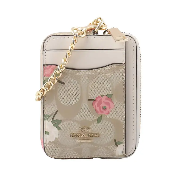 COACH Floral Print Coated Canvas and Smooth Leather Zip Card Case for Women in Gold and Light Khaki