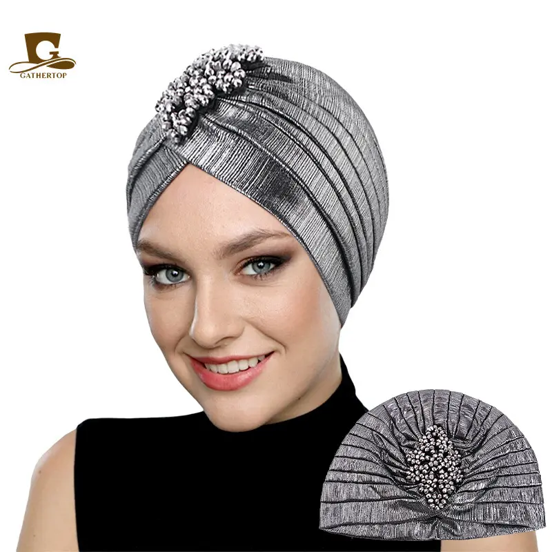 Women's Metallic Silver Pleated Turban Beanie - Sports Headwrap Scarf, Beaded Rhinestones Emblem, Full Coverage Hair Protection, Funky Unique Accessories, Unisex Slip-On for Evening Party, Sports & Outdoor Use