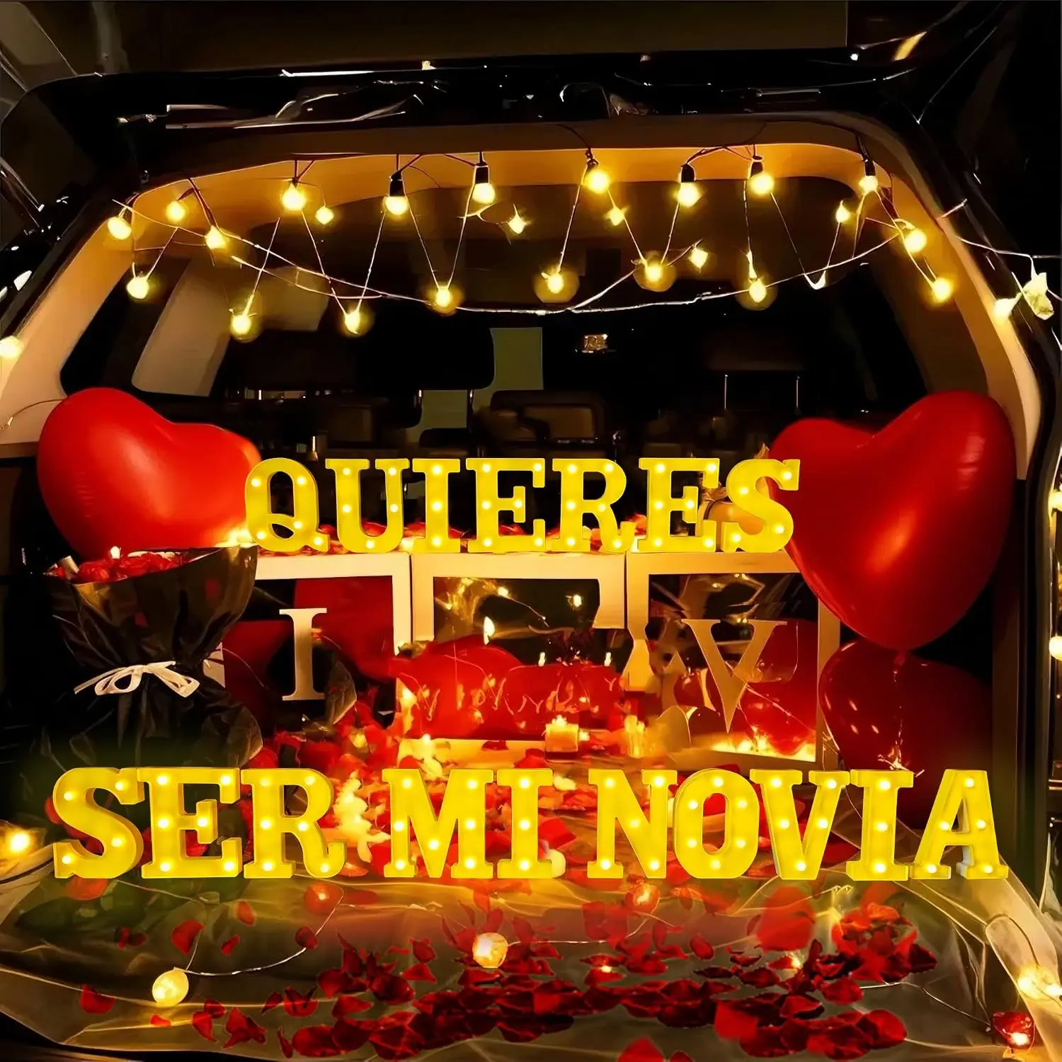Quieres Ser Mi Novia Light Up Letters Proposing Decorations Set Includes 17 LED Light Letters and 1000 Rose Petals Valentine's Day Ornaments