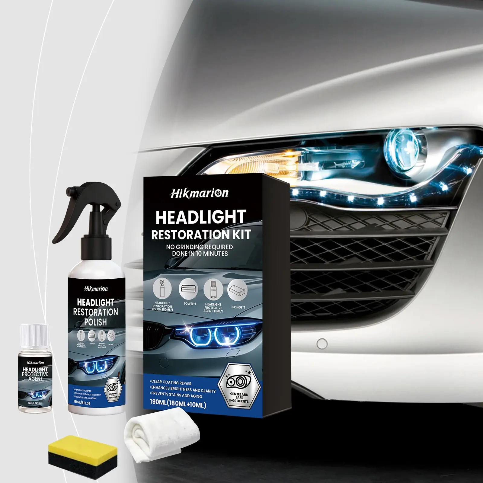Car Headlight Lens Renewal Spray Kit, UV Protection, Scratch Remover, DIY Headlight Cleaner with Sponge Towel Set, Headlight Cleaner And Restorer Kit
