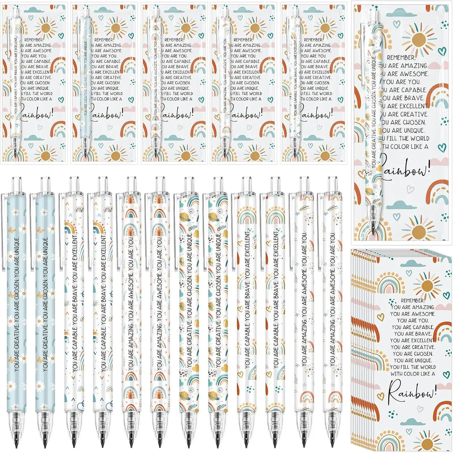 30 Set Rainbow Inspirational Pencils Motivational  to School Student Gifts  of Class Black Lead Mechanical Pencils with Bookmark Positive Card for School Teacher Classroom