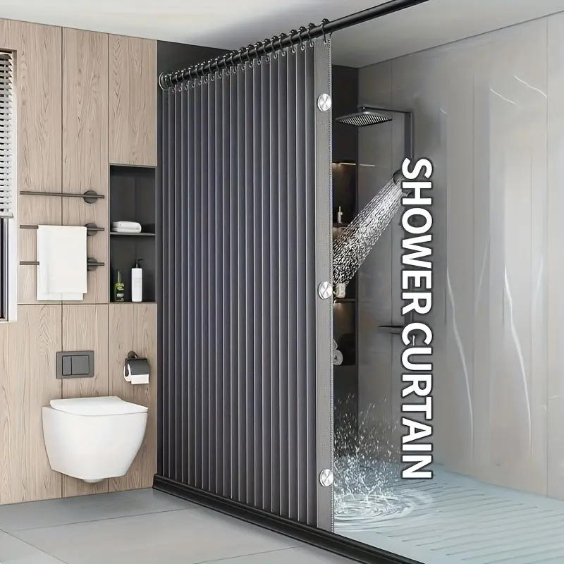 Gray Polyester Foldable Shower Curtain Set, Bathroom Privacy Partition with Grommet Black Hook Holes, Wave Folding Screen, Machine-Washable Plain Fabric, All-Season Hook Attachment