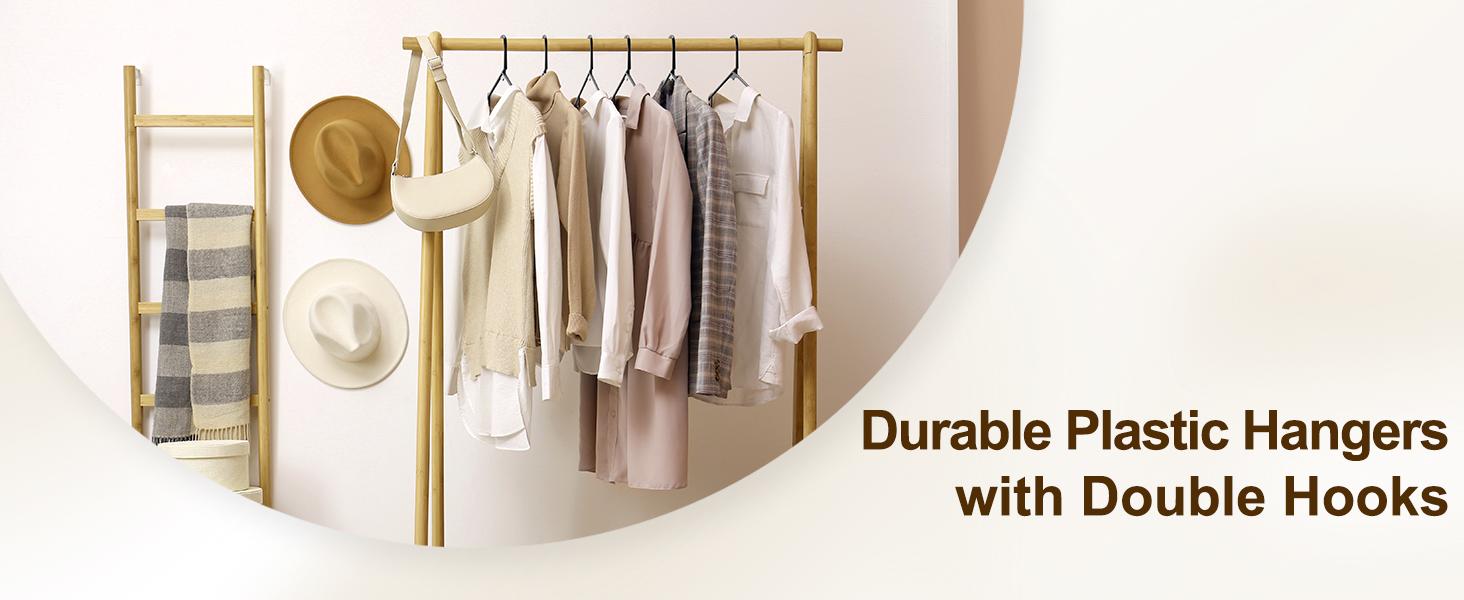 Black Plastic Hangers 50 Pack, Plastic Clothes Hangers with Built-in Hooks, Durable and Strong Plastic Coat Hangers for Closet, Space Saving Clothing Hanger for Shirts, Coats, Skirt, Dress