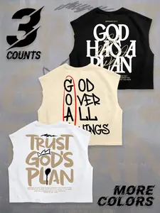 Three-Color Bible Faith God Text High Street Loose Sleeveless Sports Vest Set, Casual Cartoon Pattern, Unlined