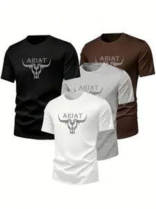 4-Pack Men's Basic Print Short Sleeve T-Shirts, High Stretch Soft Breathable, American Country Bull Design, Versatile All-Season Wear
