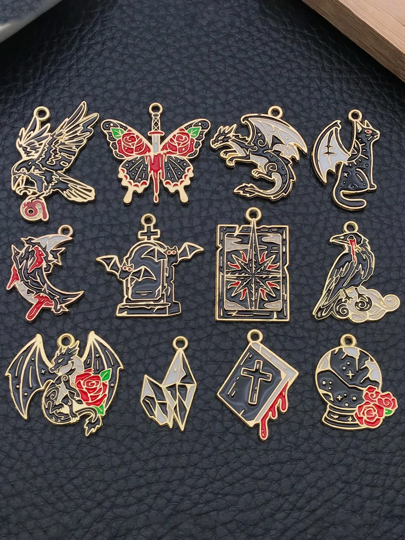 12pcs Gothic Halloween Enamel Charms Metal Charms Dark Alloy Pendants Raven Dragon Bat Cat Rose Tarot Tombstone Charms for DIY Bracelet Necklace Earring Jewelry Making Supplies