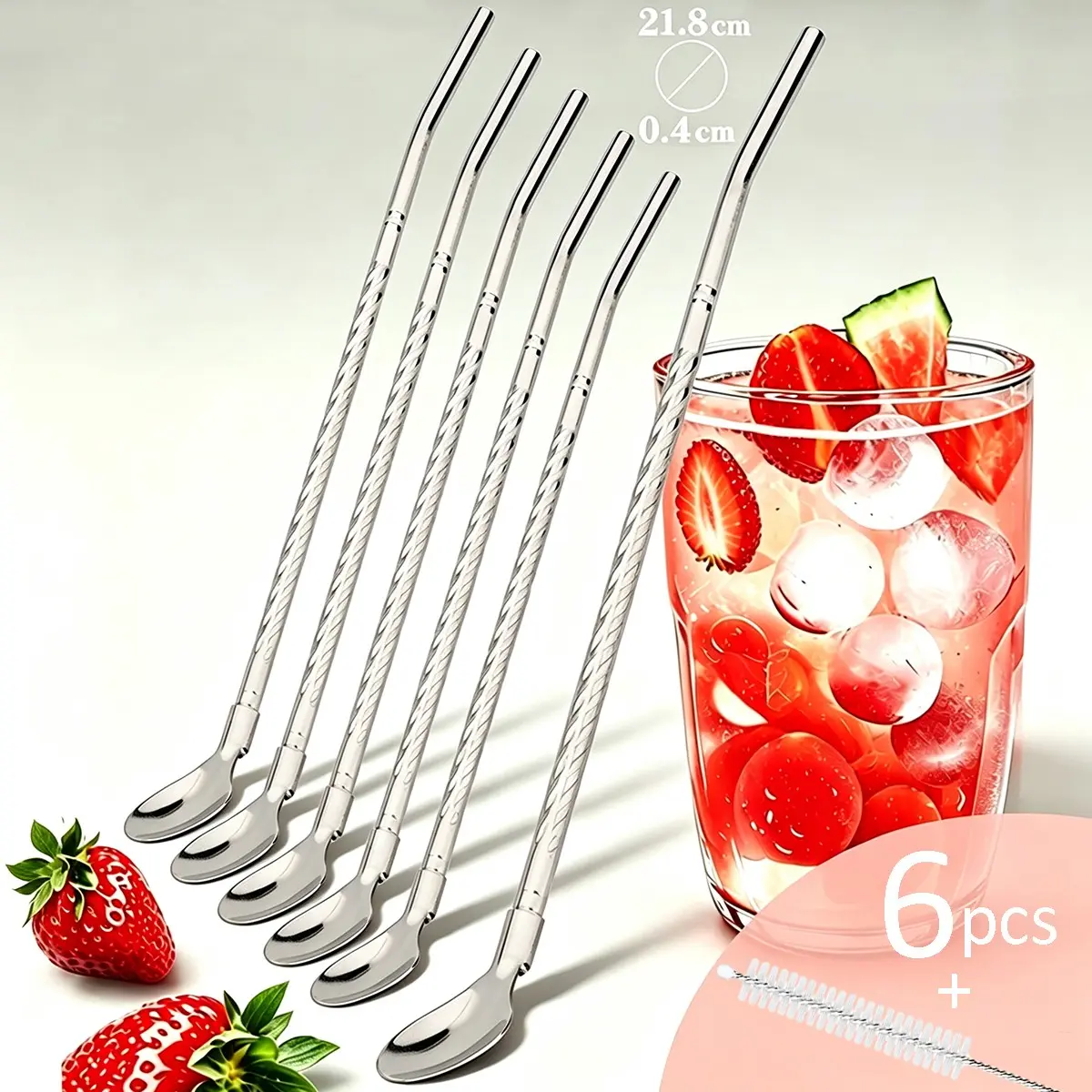 6-Pack Straw and Spoon Set, 304 Stainless Steel Straws, Durable Metal Straw Kit with Cleaning Brush, Ideal for Milk Tea, Juice, Coffee, Cocktails, Durable Material