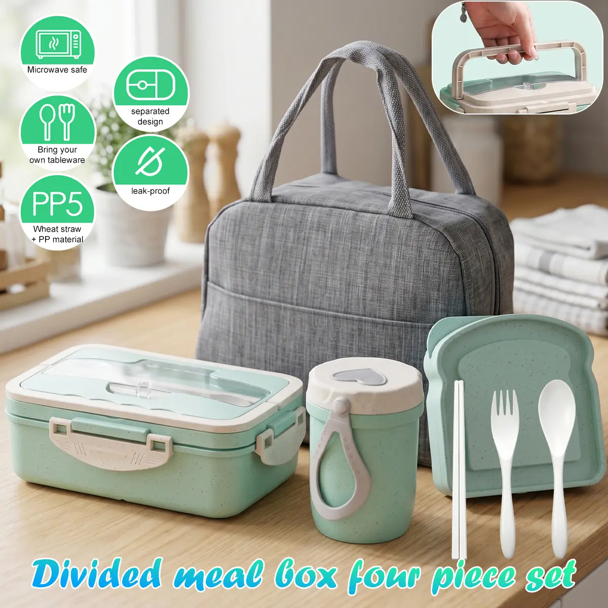 Lunch Box Set with Insulated Lunch Bag, Bento Box with Breakfast Cup & Bread Container, Large Capacity Leakproof Food Storage Box for School, Office & Travel