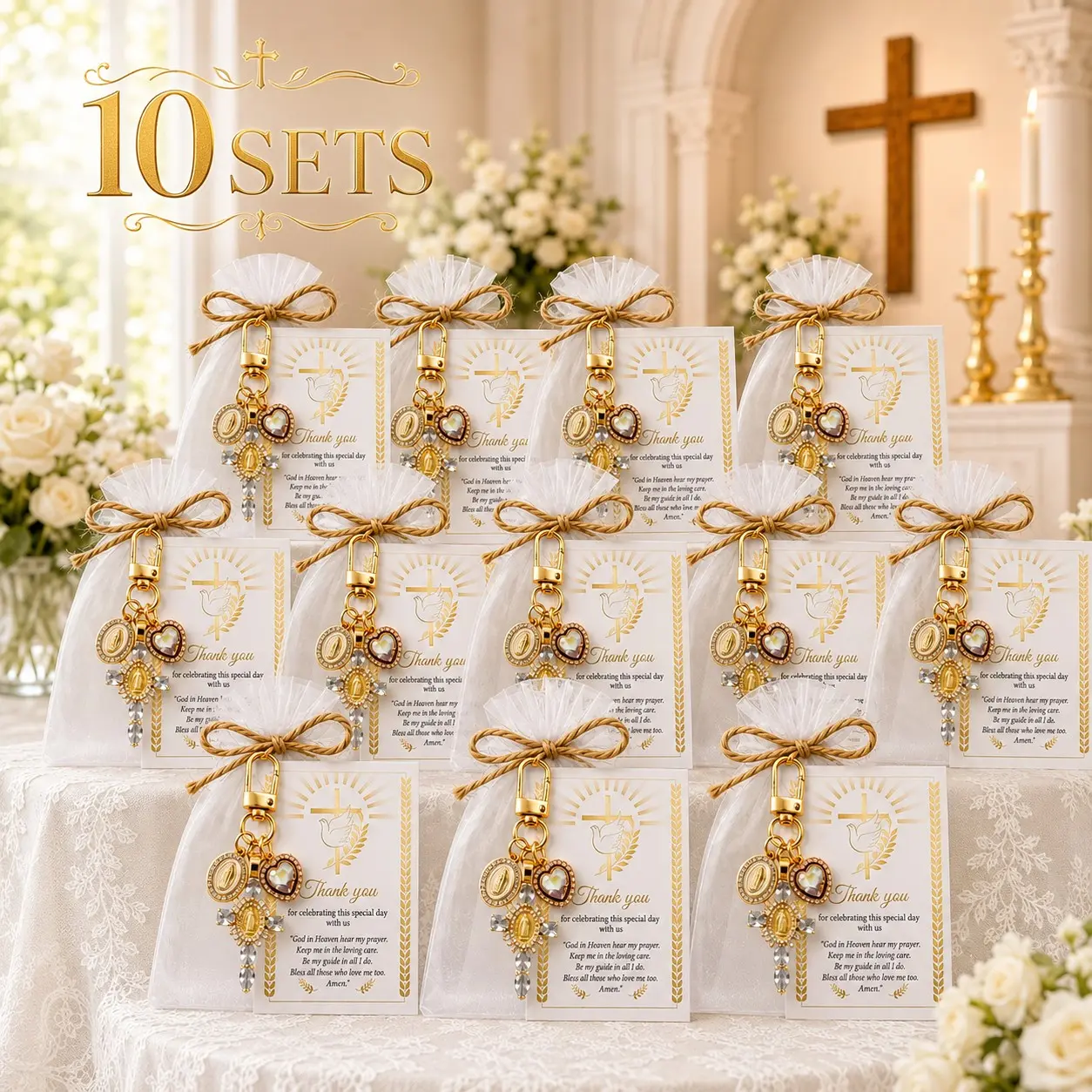 10 sets Baby Shower Favors for Guests, Christian Rhinestone Cross and Virgin Mary Medal Keychains with Organza Bags and Prayer Thank You Cards, Baptism, Christening, First Communion and Confirmation Keepsake Gifts